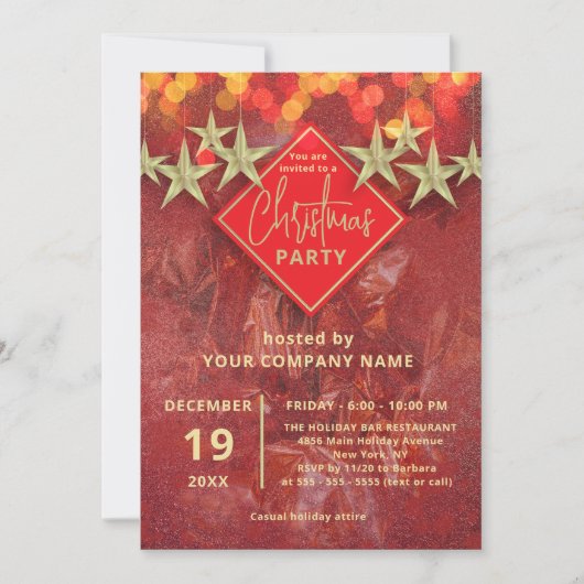 金ゴールドの星とライトの企業のクリスマスパーティー 招待状 (正面)