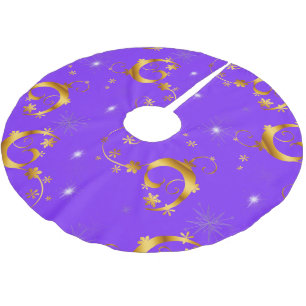 金ゴールドの星と渦巻き紫のクリスマス ブラッシュドポリエステルツリースカート