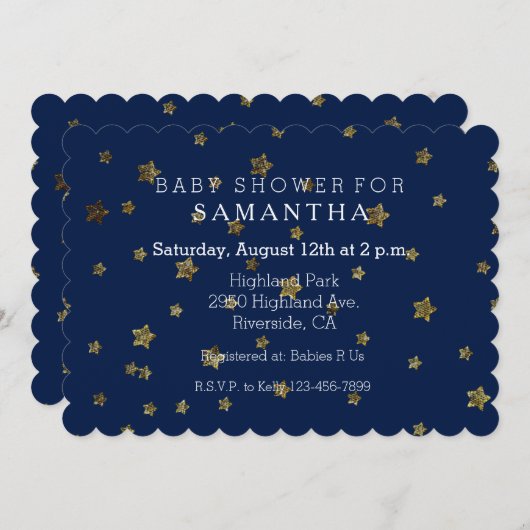 金ゴールドの星の夜空のベビーシャワー 招待状 (正面/裏面)