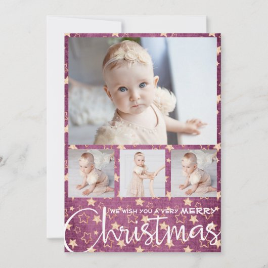 金ゴールドの星の紫色の複数の写真クリスマス シーズンカード (正面)