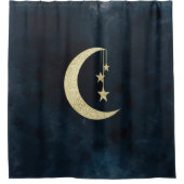 金ゴールドの星ぶら下がったで輝く月 シャワーカーテン (正面)