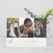 金ゴールドの書道の原稿3の写真の結婚 サンキューカード (スタンド正面)