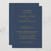 金ゴールドの書道ダークブルー結婚オール 招待状 (正面/裏面)