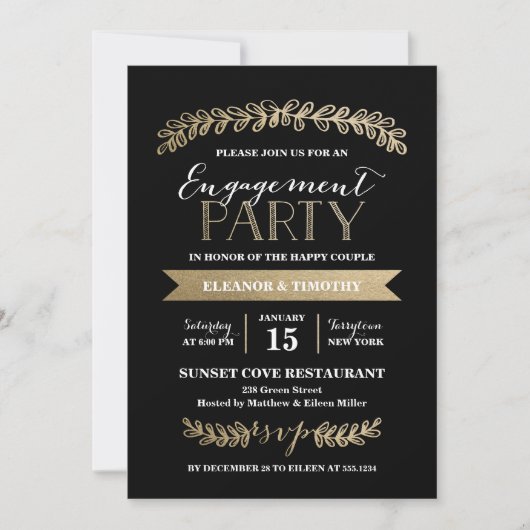 金ゴールドの月桂樹の黒い婚約パーティの招待状 招待状 (正面)