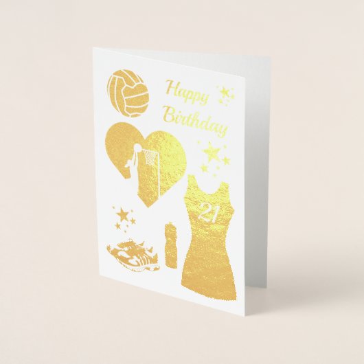 金ゴールドの服のネットボールの誕生日 箔カード (正面)