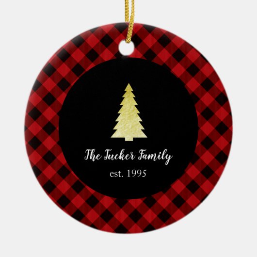 金ゴールドの木のメリークリスマスのバッファローの格子縞 セラミックオーナメント (正面)