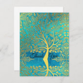 金ゴールドの木の反射の青い孔雀 サンキューカード (正面/裏面)