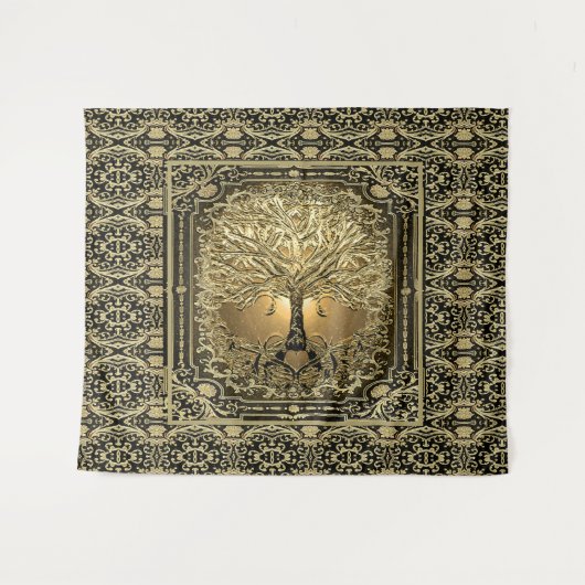 金ゴールドの木の古代素朴 タペストリー (正面(横))