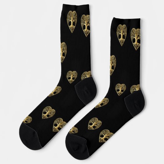 金ゴールドの木の生命ハート黒いパターン ソックス (左)