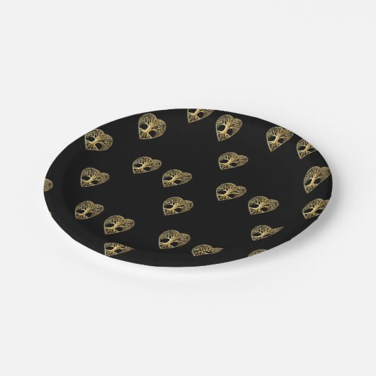 金ゴールドの木の生命ハート黒いパターン ペーパープレート (アングル)