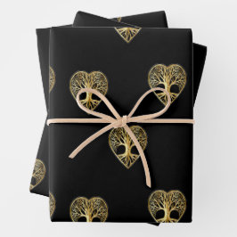 金ゴールドの木の生命ハート黒いパターン ラッピングペーパーシート
