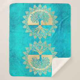 金ゴールドの木オンターコイズ シェルパブランケット