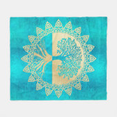 金ゴールドの木オンターコイズ フリースブランケット (正面(横))