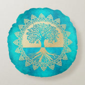 金ゴールドの木オンターコイズ ラウンドクッション (正面)