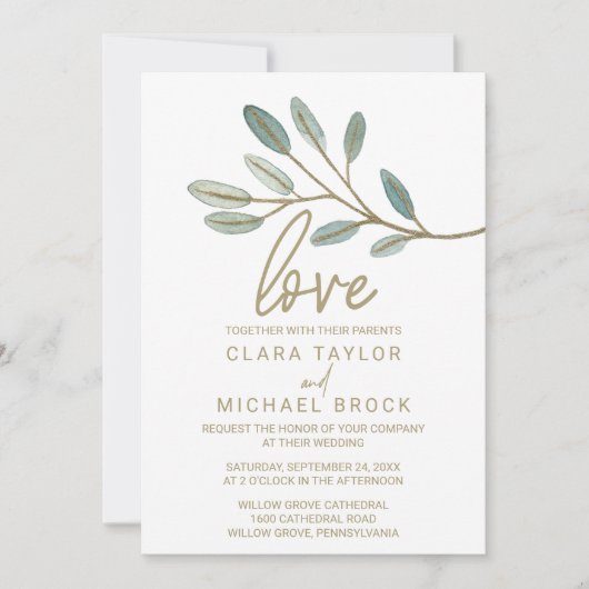 金ゴールドの果実ユーカリ結婚ラブ 招待状 (正面)