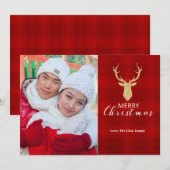 金ゴールドの枝角の赤い格子縞|のクリスマスの写真カード シーズンカード (正面/裏面)