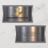 金ゴールドの柱と羽毛のロゴ | 金属アルミニウム 名刺 (正面/裏面)