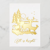 金ゴールドの森の鹿の夜のクリスマスのパーティー実在 箔招待状 (正面)