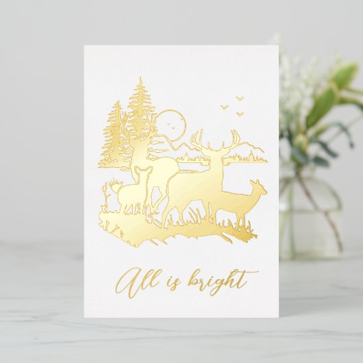 金ゴールドの森の鹿の夜のクリスマスのパーティー実在 箔招待状 (立ち正面)