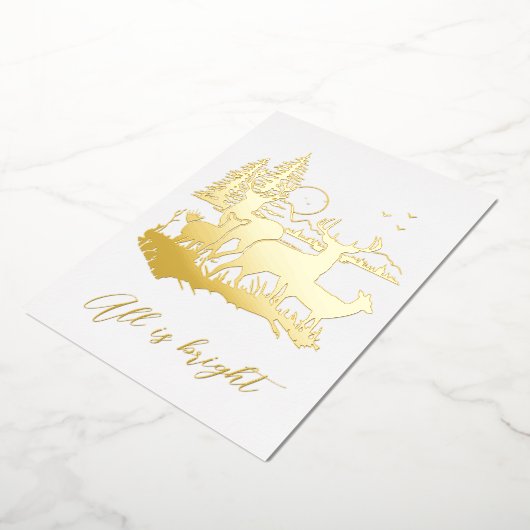 金ゴールドの森の鹿の夜のクリスマスのパーティー実在 箔招待状 (回転した状態)