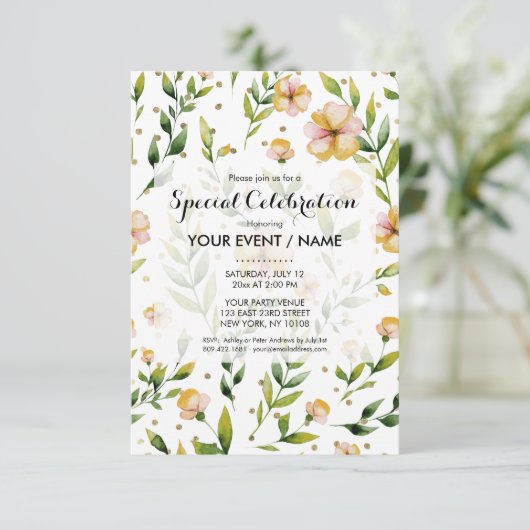 金ゴールドの森グリーンマスタードイエローフローラ水玉模様 招待状 (スタンド正面)