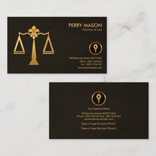 金ゴールドの正義によってはかりで測られるエレガントで素晴らしい木製の穀物の法律 名刺 (正面/裏面)