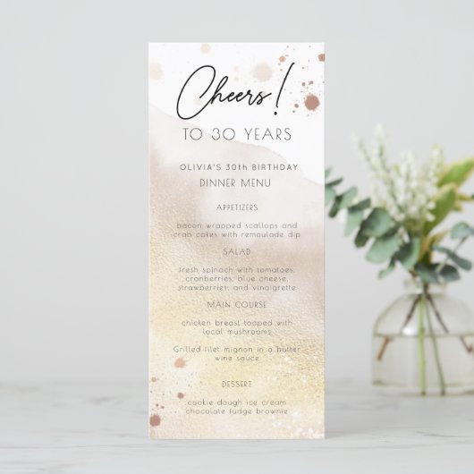 金ゴールドの水彩任意の年の誕生日パーティーメニューカード メニュー (スタンド正面)