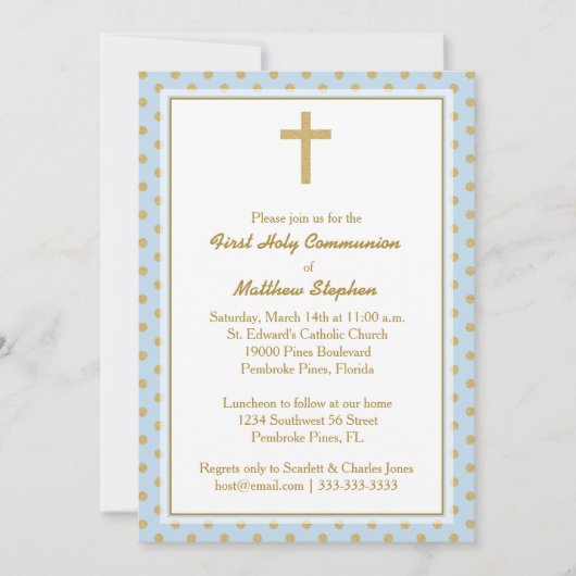 金ゴールドの水玉模様が付いている聖餐の青 招待状 (正面)
