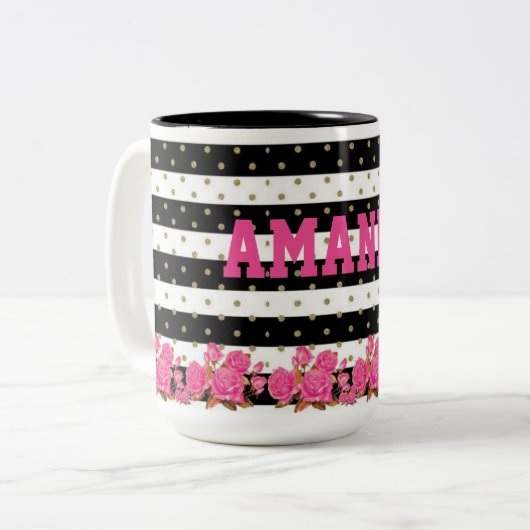 金ゴールドの水玉模様が付いている花の黒い及び白のストライプ ツートーンマグカップ (正面左)