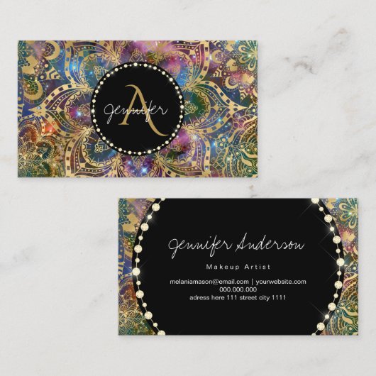 金ゴールドの水色と星雲のマンダラスパーリダイヤモンド 名刺 (正面/裏面)