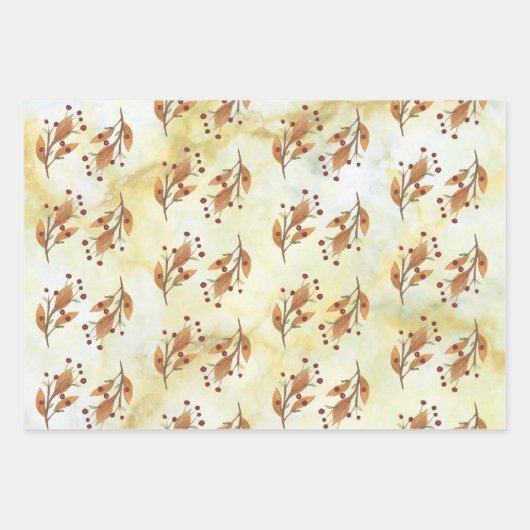 金ゴールドの水色の葉と果実の組み合わせ ラッピングペーパーシート (正面2)