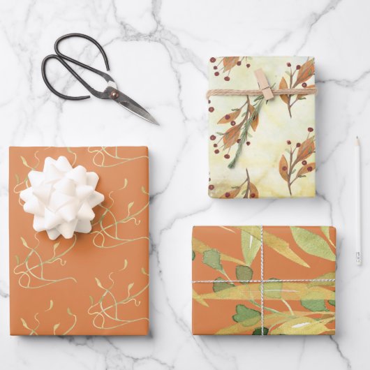 金ゴールドの水色の葉と果実の組み合わせ ラッピングペーパーシート (正面)