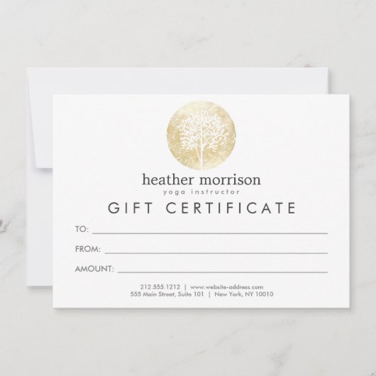 金ゴールドの水色ツリーのヨガとウェルネスギフトカード (正面)
