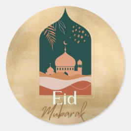 金ゴールドの水色Eid Mubarak Eidステッカー ラウンドシール