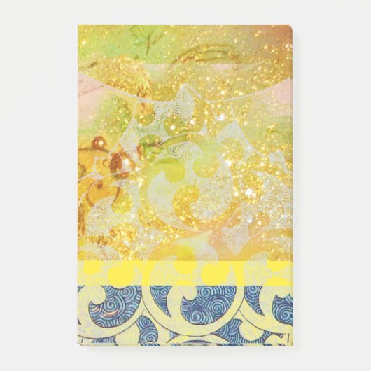 金ゴールドの波/明るく黄色い青の渦巻は光っています ポストイット (正面)