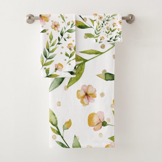 金ゴールドの深緑色のマスタードの黄色の花柄の水玉模様 バスタオルセット (インサイチュ)