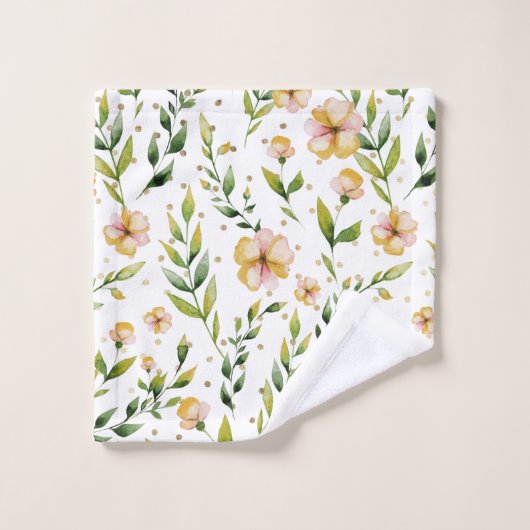 金ゴールドの深緑色のマスタードの黄色の花柄の水玉模様 バスタオルセット (ウォッシュタオル)