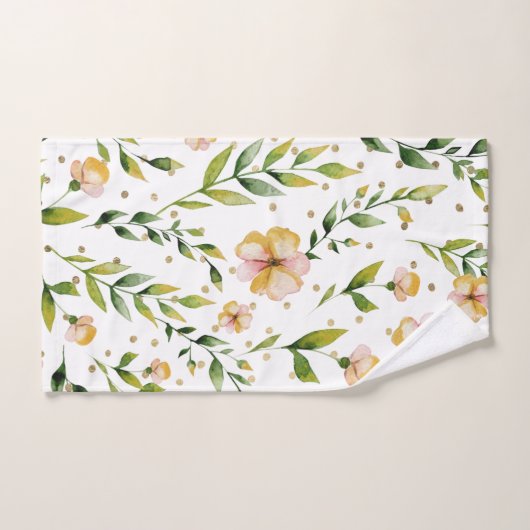 金ゴールドの深緑色のマスタードの黄色の花柄の水玉模様 バスタオルセット (ハンドタオル)