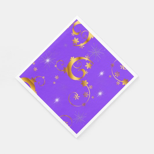 金ゴールドの渦巻きと星の紫のクリスマス スタンダードランチョンナプキン (角)