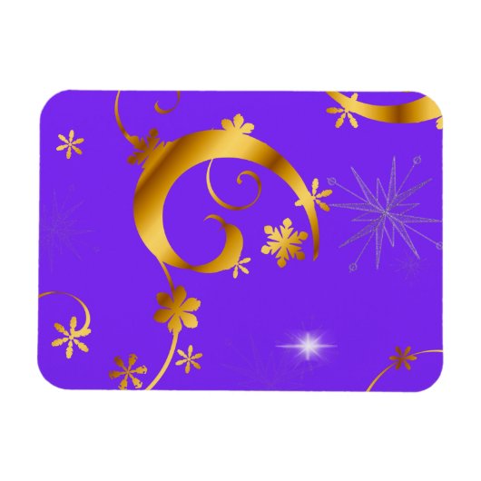 金ゴールドの渦巻きと星の紫のクリスマス マグネット (横)