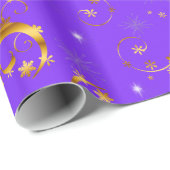 金ゴールドの渦巻きと星の紫のクリスマス ラッピングペーパー (ロールコーナー)