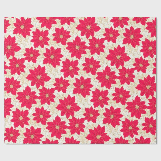 金ゴールドの渦巻の季節の挨拶を用いる赤いポインセチア ラッピングペーパー (フラット)