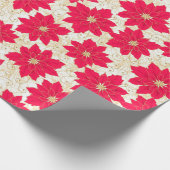 金ゴールドの渦巻の季節の挨拶を用いる赤いポインセチア ラッピングペーパー (角)