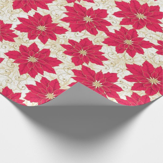 金ゴールドの渦巻の季節の挨拶を用いる赤いポインセチア ラッピングペーパー (角)