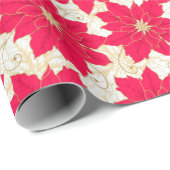 金ゴールドの渦巻の季節の挨拶を用いる赤いポインセチア ラッピングペーパー (ロールコーナー)