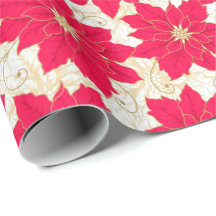 金ゴールドの渦巻の季節の挨拶を用いる赤いポインセチア