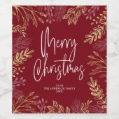 金ゴールドの濃い赤のクリスマスの紅葉 ワインラベル (シングルラベル)