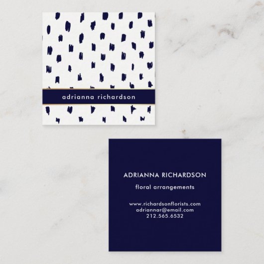 金ゴールドの濃紺の抽象的で白い点 スクエア名刺 (正面/裏面)