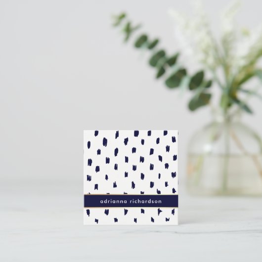 金ゴールドの濃紺の抽象的で白い点 スクエア名刺 (スタンド正面)