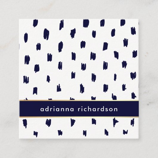 金ゴールドの濃紺の抽象的で白い点 スクエア名刺 (正面)